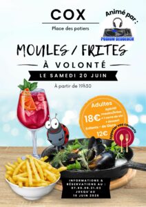 :  🎉 [OUVERTURE DES RÉSERVATIONS] Soirée Moules-Frites + Podium Deudeuch – 20 juin à 19h30 ! 🍷🎶