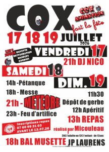 La Fête Locale de Cox arrive les 17, 18 et 19 juillet ! La Fête Locale de Cox arrive les 17, 18 et 19 juillet !